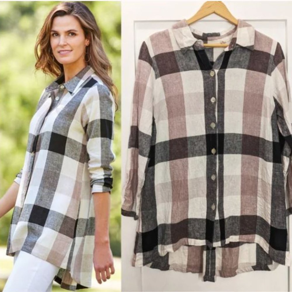 Soft Surroundings Women's Large Carreaux Plaid Linen Blend Back Zip Blouse Beige